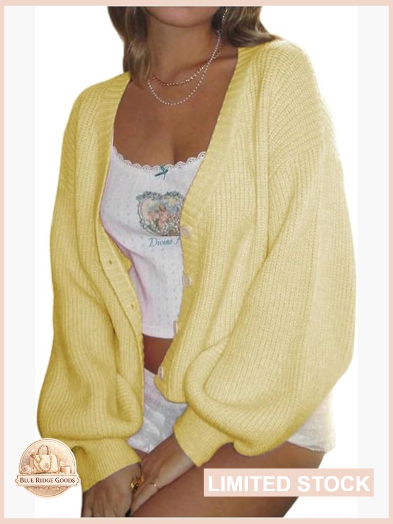 Oversized Cardigan Open Front Lantern Sleeve Knit Sweater Chic Casual Outerwear